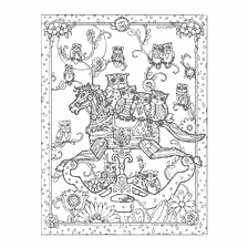coloring page: Coloring for adults with owls and a rocking horse