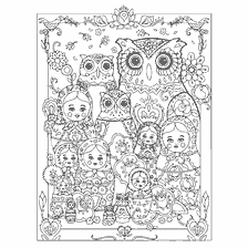 coloring page: Coloring for adults with owls and dolls