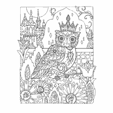 coloring page: Coloring for adults: King of Owls with architecture and flowers