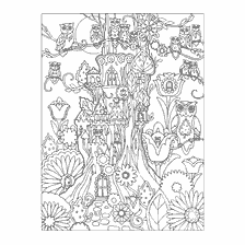 coloring page: Coloring for adults with owls and a tree house