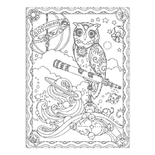 coloring page: Coloring book for adults: Owl-astronomer with telescope and planets