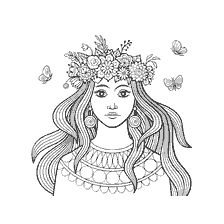 coloriage: Livre de coloration pour adultes: une fille avec une couronne de fleurs et des papillons
