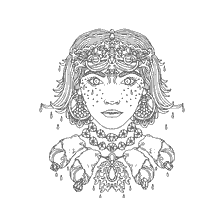 coloriage: Fille de coloration anti-stress sous la forme d'une jeune fille de mer avec des bijoux et des &eacute;l&eacute;ments de la mer