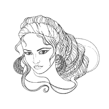 coloriage: Coloration pour les adultes avec l'image d'une fille avec des cheveux longs et de grandes boucles d'oreilles