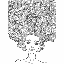 coloriage: Fille avec des cheveux boucl&eacute;s luxuriants dans un livre de coloration adulte