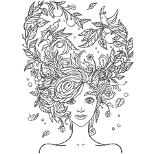 coloriage: Fille de coloration anti-stress avec fleurs et feuillage