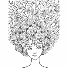 coloriage: Coloration pour adultes: une fille avec des cheveux en forme de plume d'oiseau de feu