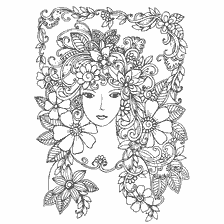 coloriage: Coloration pour adultes anti-stress avec une fille et des fleurs