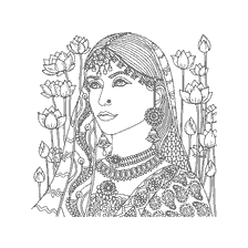 coloriage: Livre de coloriage pour adultes anti-stress: une fille dans une tenue indienne parmi les fleurs