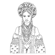 coloriage: Coloration pour adultes: Fille en robe folklorique avec des fleurs sur la t&ecirc;te