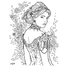 coloriage: Coloration pour adultes: une fille en design floral