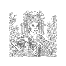 coloriage: Livre de coloriage pour adultes - Fille avec un &eacute;ventail sur fond de fleurs en fleur