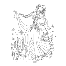 coloriage: Coloration pour adultes: El&eacute;gante dame parmi les fleurs