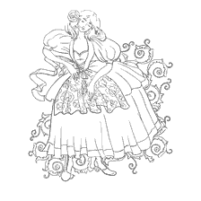 coloriage: Livre de coloriage pour adultes: une fille dans une robe luxuriante avec des fleurs sur fond de boucles