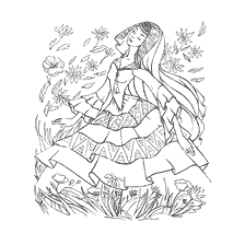 coloriage: Coloration pour adultes: fille dansante parmi les fleurs