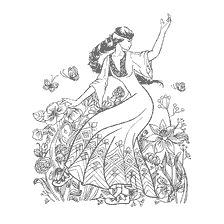 coloriage: Fille en costume slave dansant parmi les fleurs