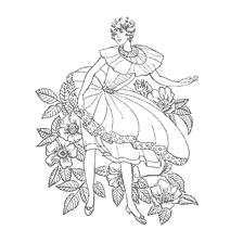 coloriage: Coloration pour adultes avec l'image d'une fille &eacute;l&eacute;gante parmi les fleurs