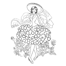 coloriage: Livre de coloriage pour adultes: une fille dans une robe luxuriante avec des cercles sur une jupe