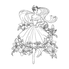 coloriage: Livre de coloriage pour adultes: une fille &eacute;l&eacute;gante avec une longue robe entour&eacute;e de fleurs