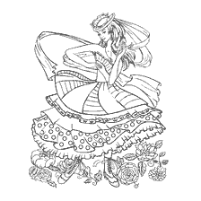 coloriage: Livre de coloriage pour adultes: une fille dans un chapeau et une belle robe
