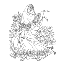 coloriage: Colorer une fille dans une longue robe avec des fleurs
