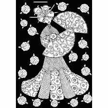 coloriage: Coloration pour adultes avec l'image d'une fille avec un ventilateur sur fond de roses