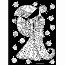 coloriage: Livre de coloration pour adultes: une fille avec un fan et des fleurs