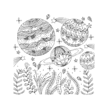 kleurplaat: Kleuren met het beeld van planeten en sterren in de ruimte