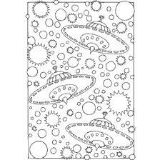 kleurplaat: Kleuren voor volwassenen met het beeld van UFO's en sterren in de ruimte