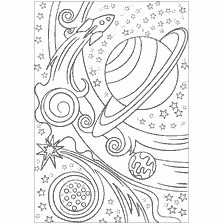 kleurplaat: Kleuren met een raket in de ruimte, planeten en sterren