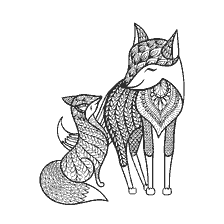 coloriage: Coloration pour adultes repr&eacute;sentant un renard et son petit avec des motifs complexes.