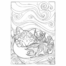 coloriage: Coloration pour adultes repr&eacute;sentant un renard endormi avec tourbillons et &eacute;toiles