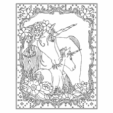 kolorowanka: Kolorowanki dla dorosłych: para jednorożc&oacute;w wśr&oacute;d kwiat&oacute;w