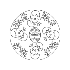coloriage: Peinture mandala de P&acirc;ques avec des poulets boucl&eacute;s et un &oelig;uf