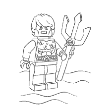 kleurplaat: Legofiguur van Aquaman met een drietand tegen de achtergrond van water