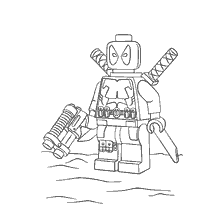 kleurplaat: Kleurfiguur van Lego Deadpool met wapens en zwaarden