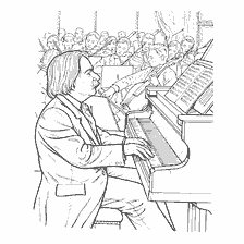 boyama sayfası: Bir piyanistin arka plandaki bir orkestra ile piyano &ccedil;alması