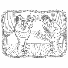 boyama sayfası: İki m&uuml;zisyen sahnede jazz oynar.