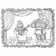 boyama sayfası: Bir balalaika ve sahnede bir adam ile bir kız