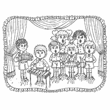 boyama sayfası: M&uuml;zik aletleri ile kororal bir performansda şarkı s&ouml;yleyen &ccedil;ocukların sınıflandırılması