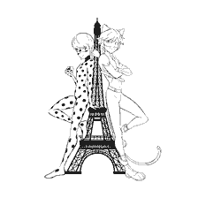pagina da colorare: Lady Bug e Super Cat davanti alla Torre Eiffel