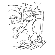 coloring page: Spirit's horse plays in the snow under a tree