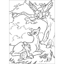 coloring page: Painting of Bambi, his mother and an owl on the coloring book
