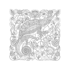 kleurplaat: Anti-stress kleuring met de afbeelding van een kameleon onder bloemen