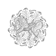 kleurplaat: Kleuren voor volwassenen met een foto van een paard tussen de bladeren