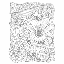 kleurplaat: Kleurplaat met hagedissen en bloemen voor volwassenen