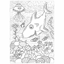 coloring page: Coloring for adults: shark and coral reef