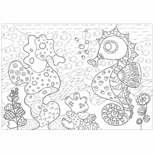 coloring page: Coloring Sea Horse among corals and fish