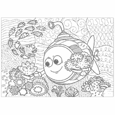 coloring page: Coloring for adults: a bathyscaphe surrounded by corals and fish