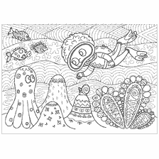 coloring page: Coloring for adults with motifs of the underwater world and a scuba diver